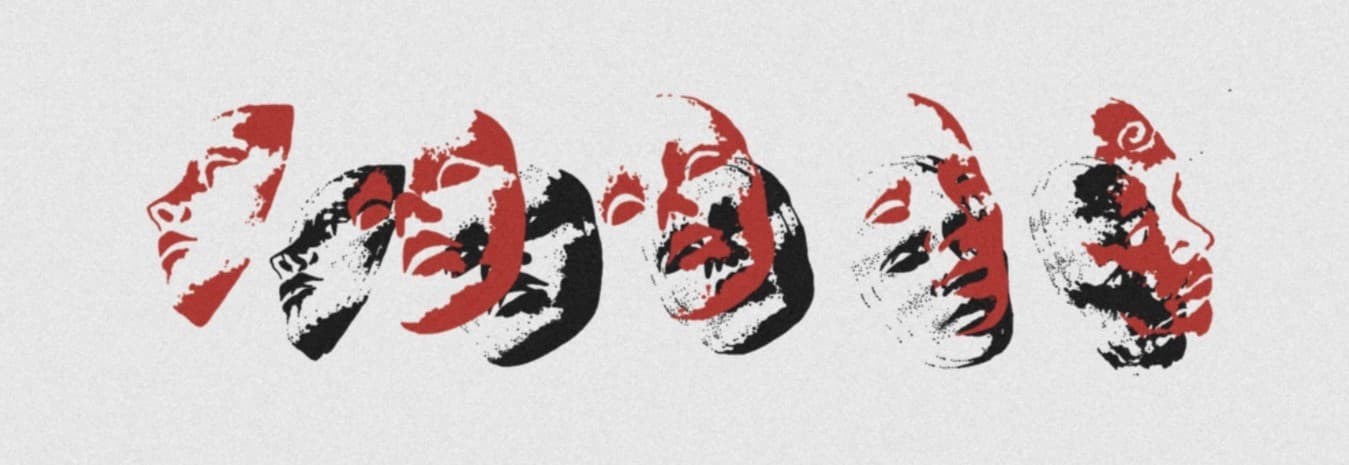 Stylised face studies in red and black
